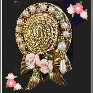1928 Gold Sunhat Porcelain Flowers & Pearls Brooch